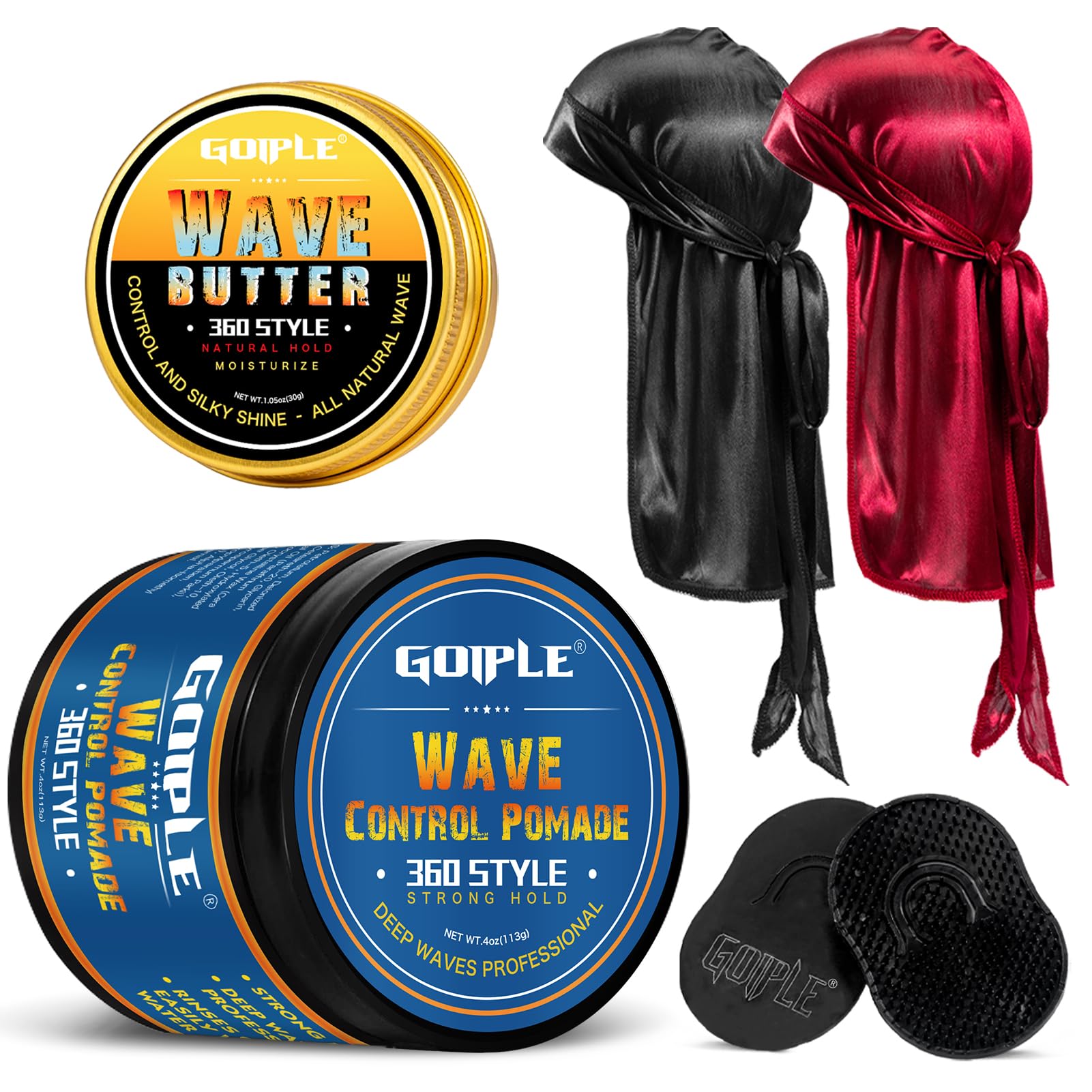 360 Wave Pomade & Butter Set for Men Includes Brush, Satin Durag, and Tail Cap