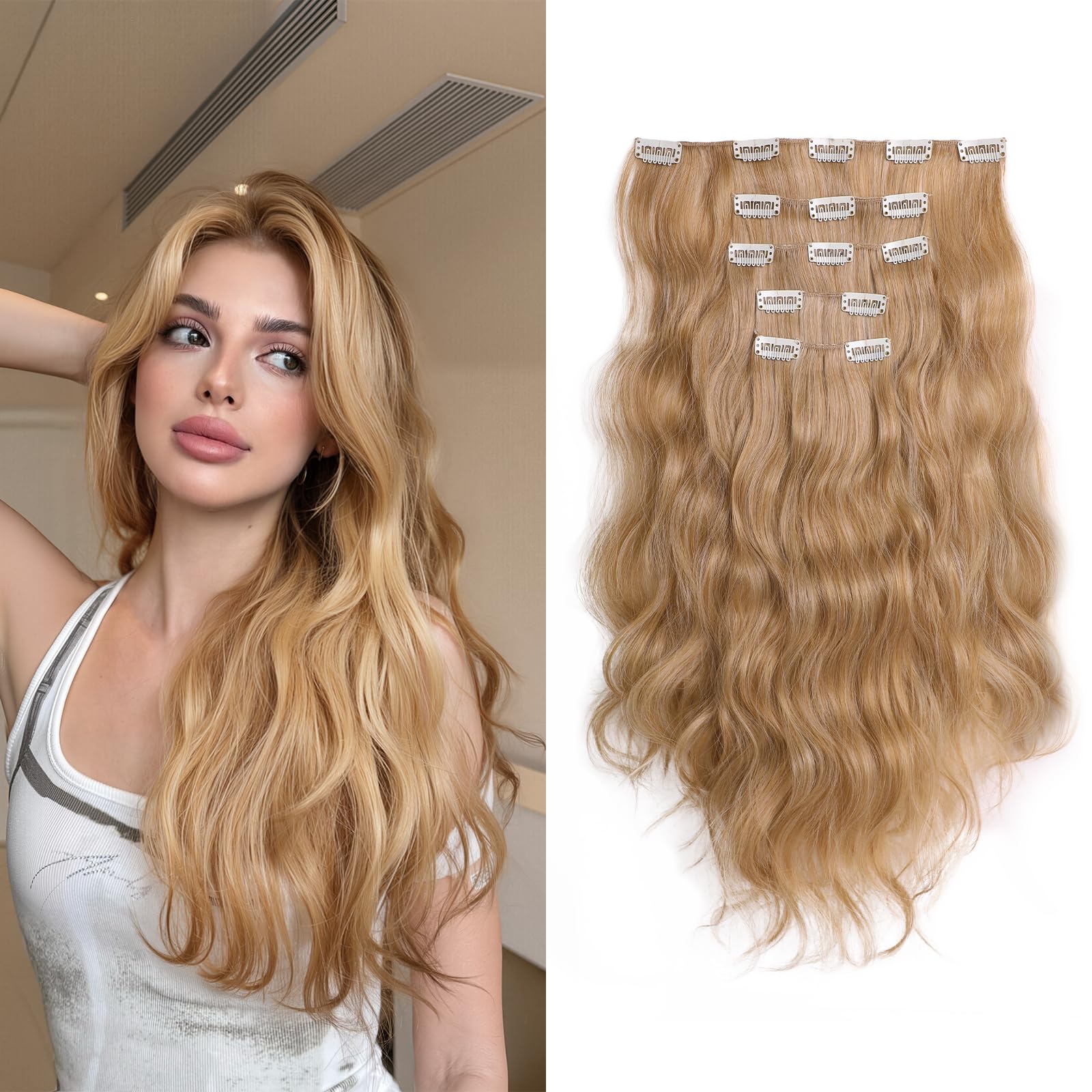 Photo 1 of StrRid Clip in Extensions Blonde Wavy 18" Long Synthetic Fluffy and Not Tangled Clips on Hair Piece for Women 5PCS Curly Girls Natural Extension Weddings Party Daily Use Full Head 6 Oz