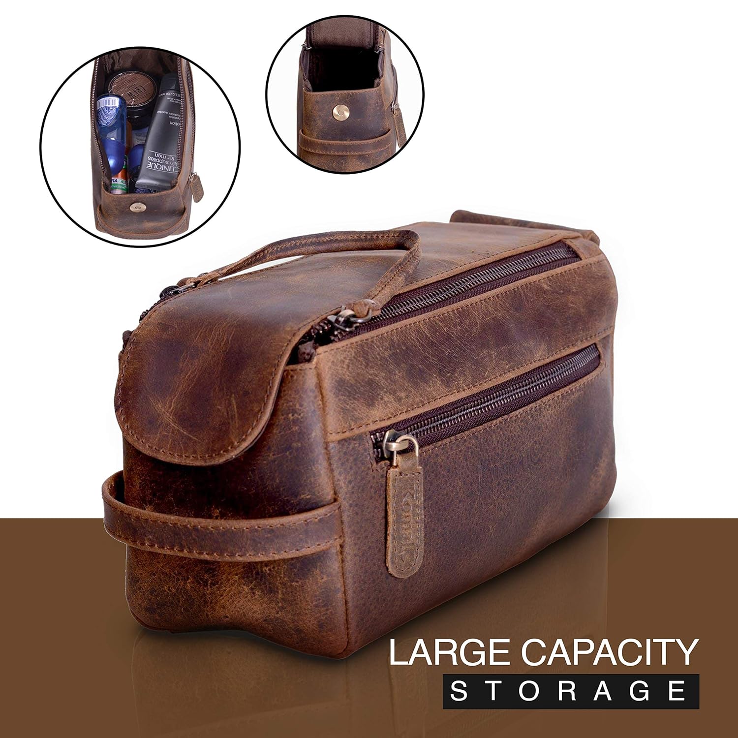 KOMALC Genuine Buffalo Leather Unisex Toiletry Bag Travel Dopp Kit (Distressed Tan) : Beauty