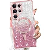 Fiyart Designed for Samsung Galaxy S25 Ultra Case,Compatible with MagSafe Love Heart Plating Camera Protection Clear Glitter Magnetic for Women Girls Shockproof Phone Cover Bumper 6.9"-Pink