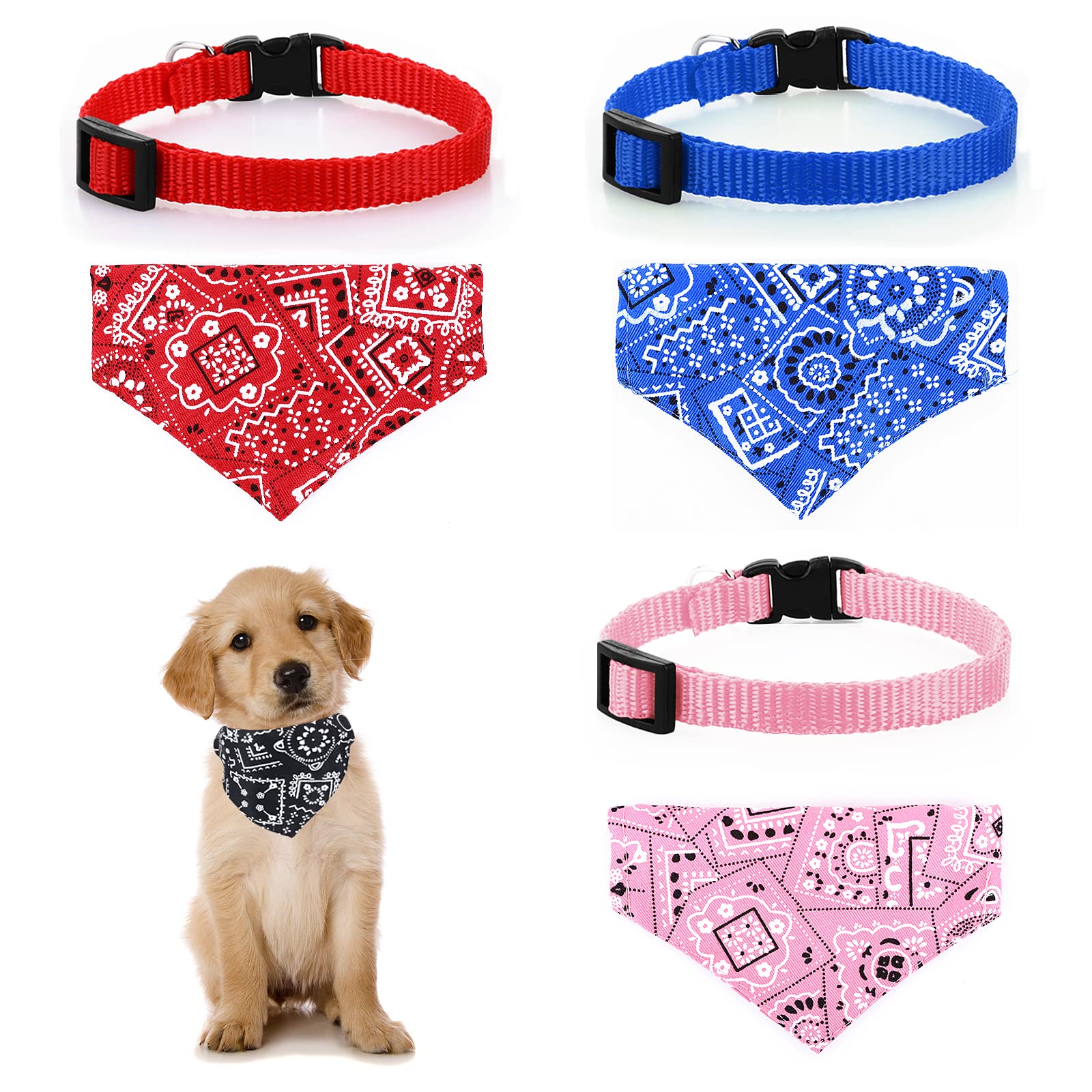 Molain 4 Pcs Adjustable Cat & Dog Collars with Removable Bohemia Bow Tie Bandana (Red, Blue, Black, Pink)