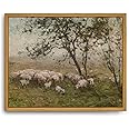 Roslynity Framed Canvas Wall Art Vintage Print Oil Painting Sheep Farm Meadow Pasture Landscape Country Animal Retro Aesthetic Artwork for Home Living Room Bathroom Nursery Wall Decor (8"x10")