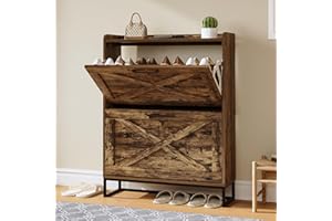 Captain Winters Shoe Cabinet with 2 Flip Drawers On Clearance, Freestanding Shoe Organizer with Metal Legs, Narrow Storage Cabinet, Farmhouse Slim Shoe Storage Cabinet for Entryway, Rustic Brown