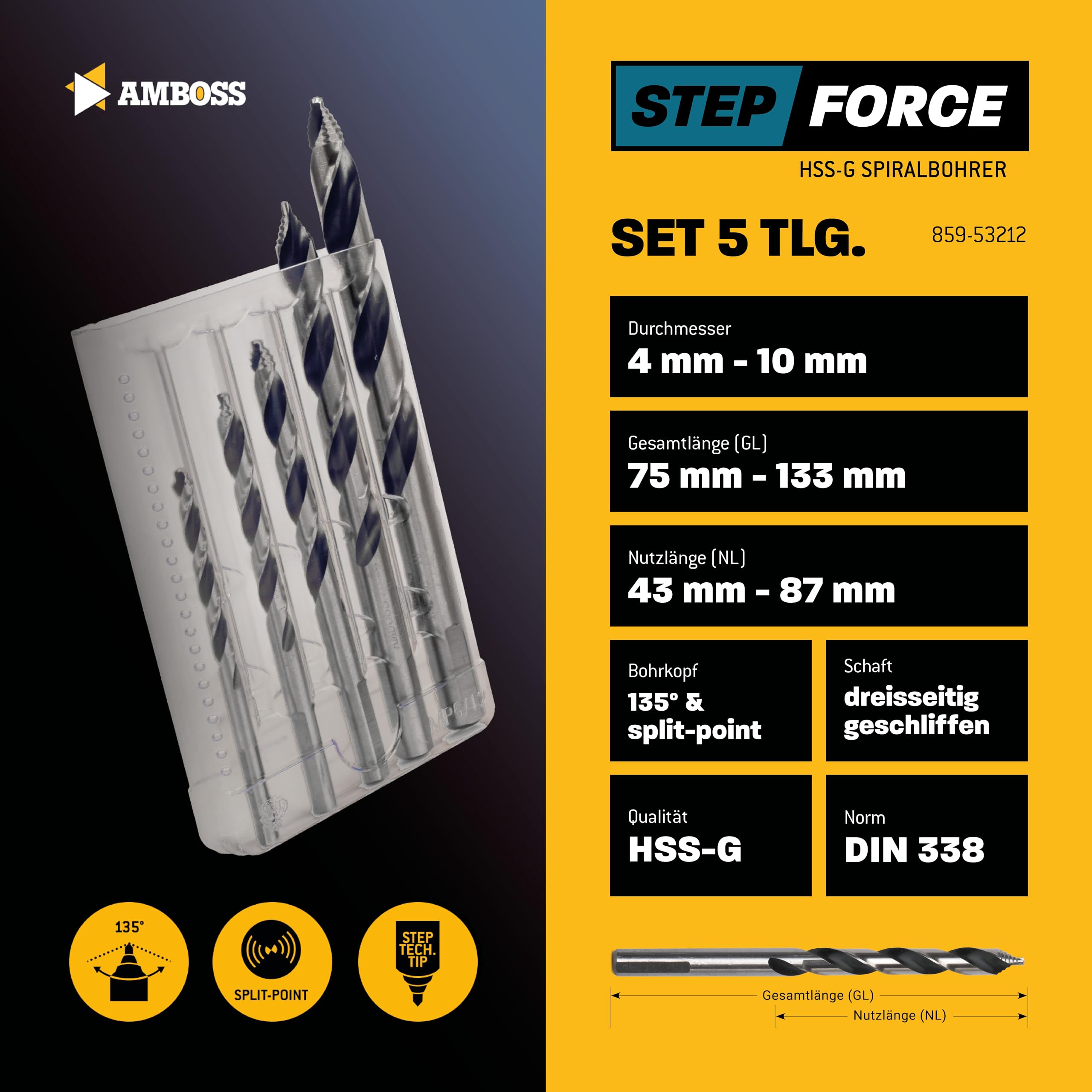Spiralbohrer Step Force 5tlg. SET Ø4-10 mm - HSS-G DIN 338 für Stahl, Baustahl, Alu, Buntmetalle AMBOSS WERKZEUGE® Bohrer Bleche, Profile - Sechskant f. Bohrmaschine, Akkubohrer, Standbohrmaschine 4