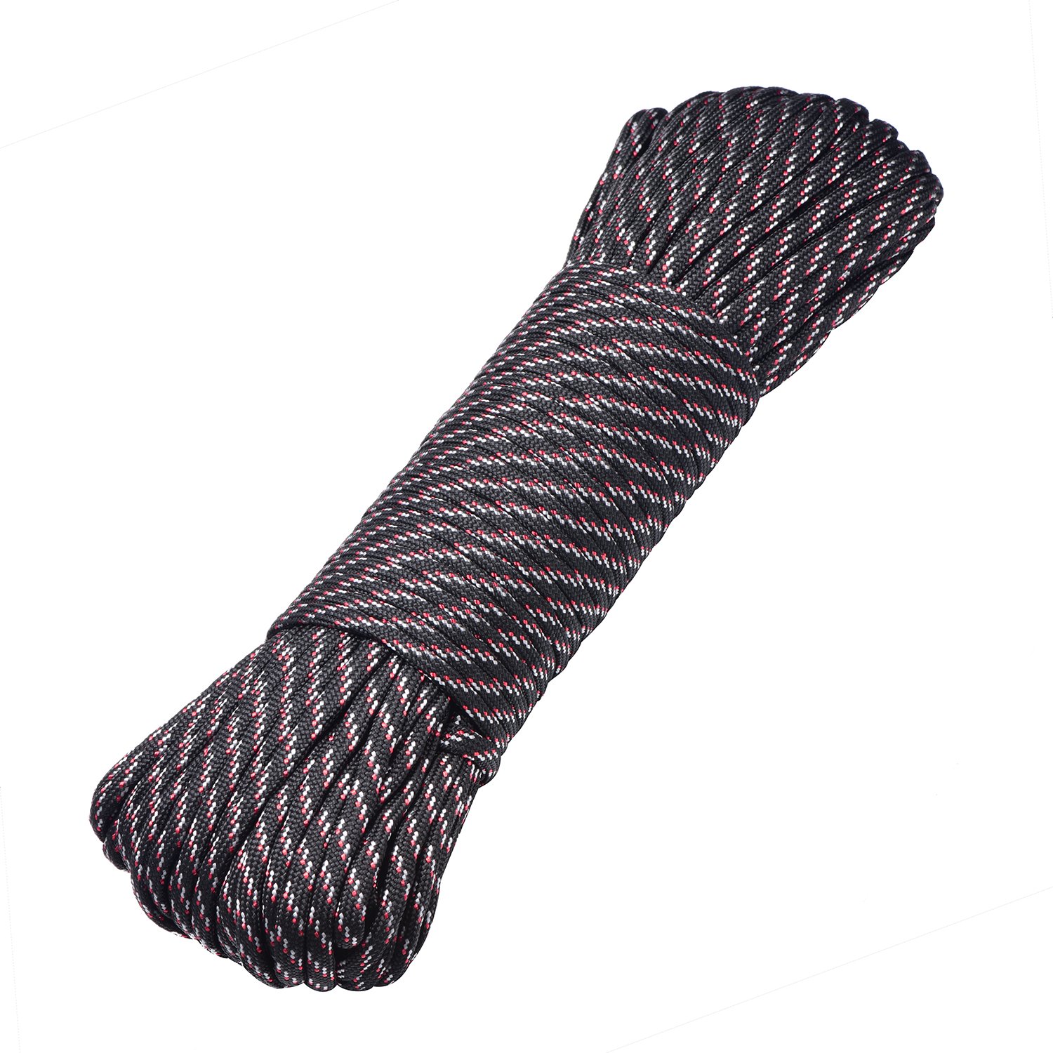 DonDon 98 ft - 30 m nylon cord Paracord survival DIY rope cord for outdoor camping activities 0.6 inch - 4 mm - 7 strands black-red-grey
