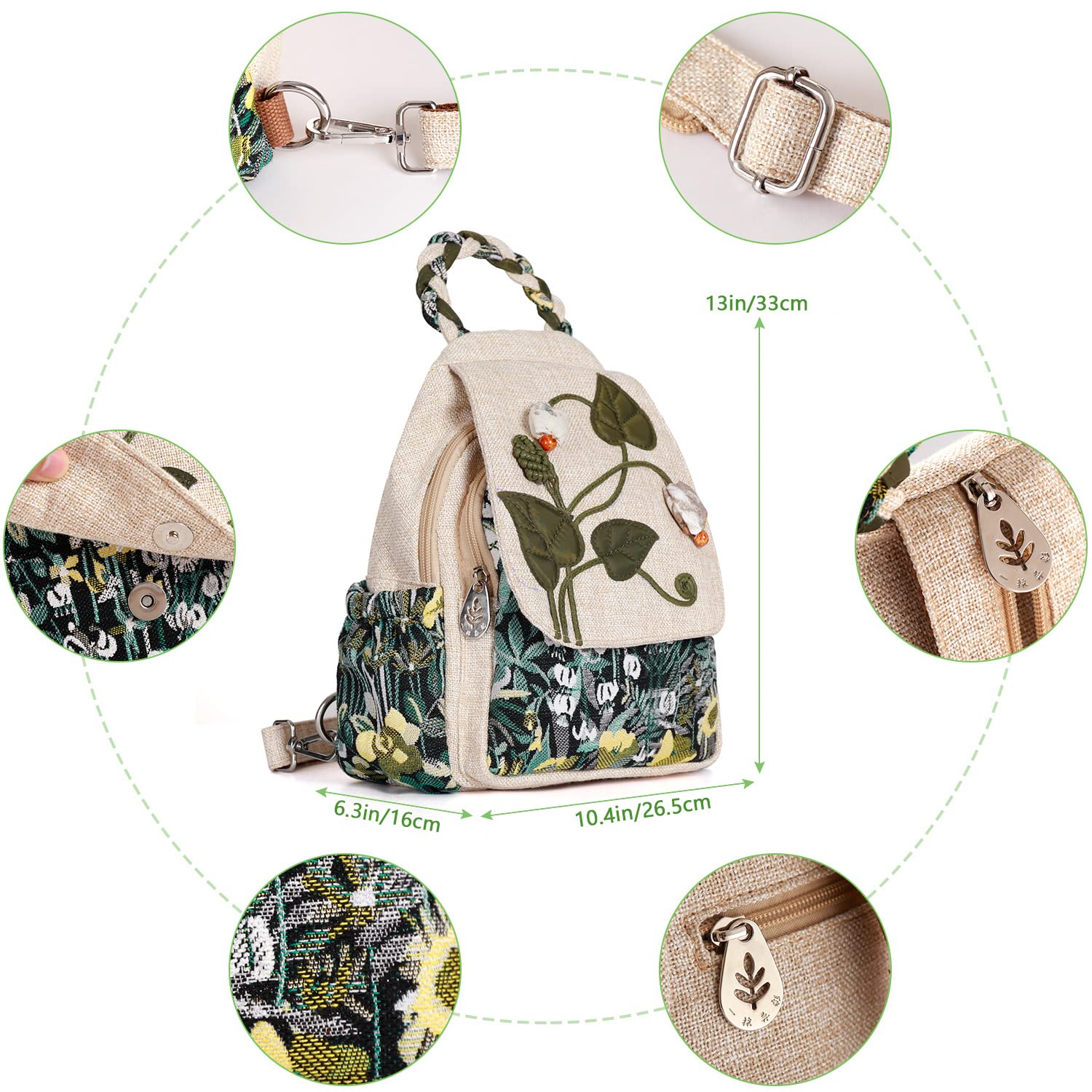 AULUDA Girl's Convertible Sling Bag, Hand Craft Artisan Purse, Beautiful Canvas Premium Casual Day Mini Backpack for Women (Green Marsh)