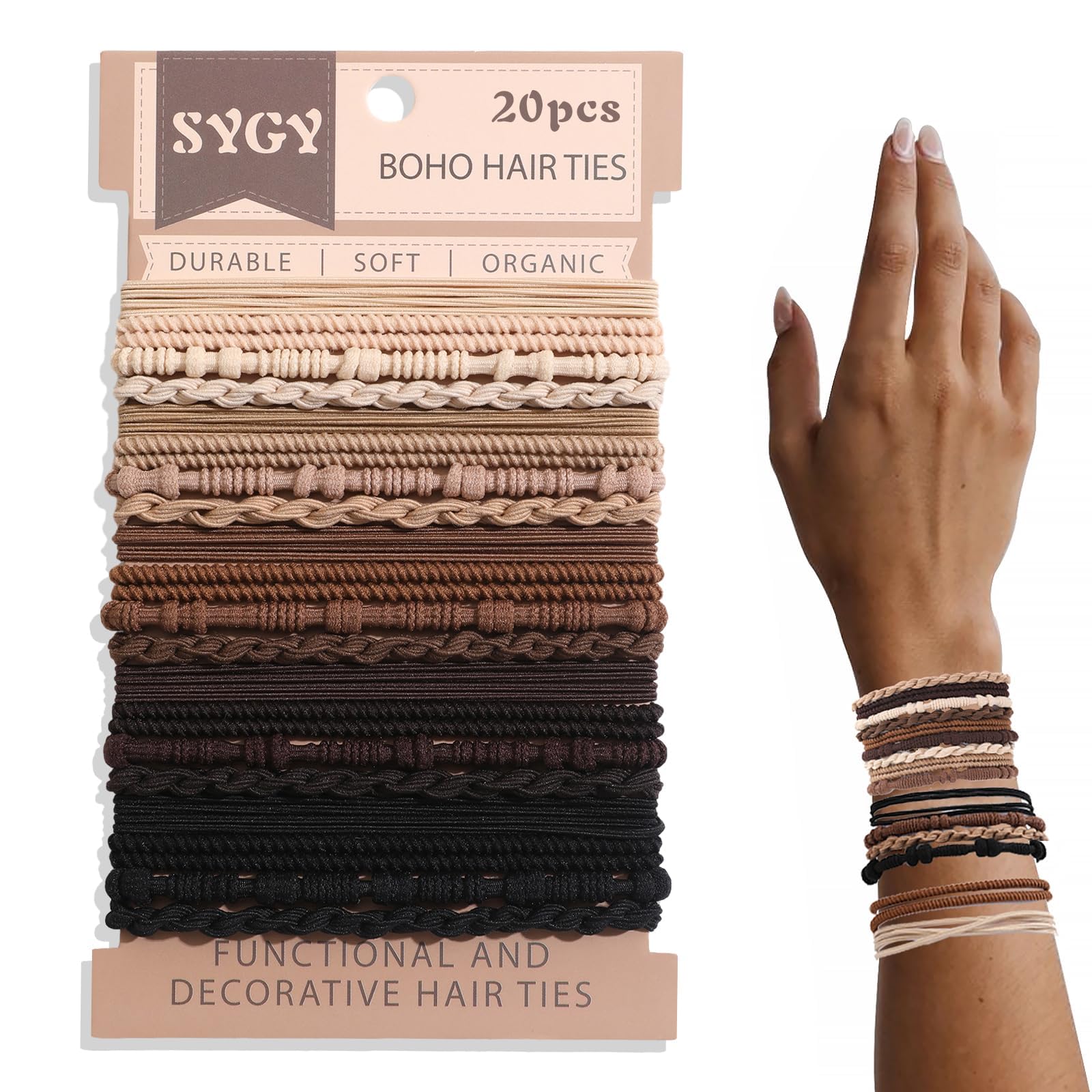 Photo 1 of 20 PCS Boho Hair Ties Bracelets, No-Damage Hair Elastics for Thick/Thin Hair, 4 Styles 2.36" Braided Ponytail Holders with Gifts Box, Brown
