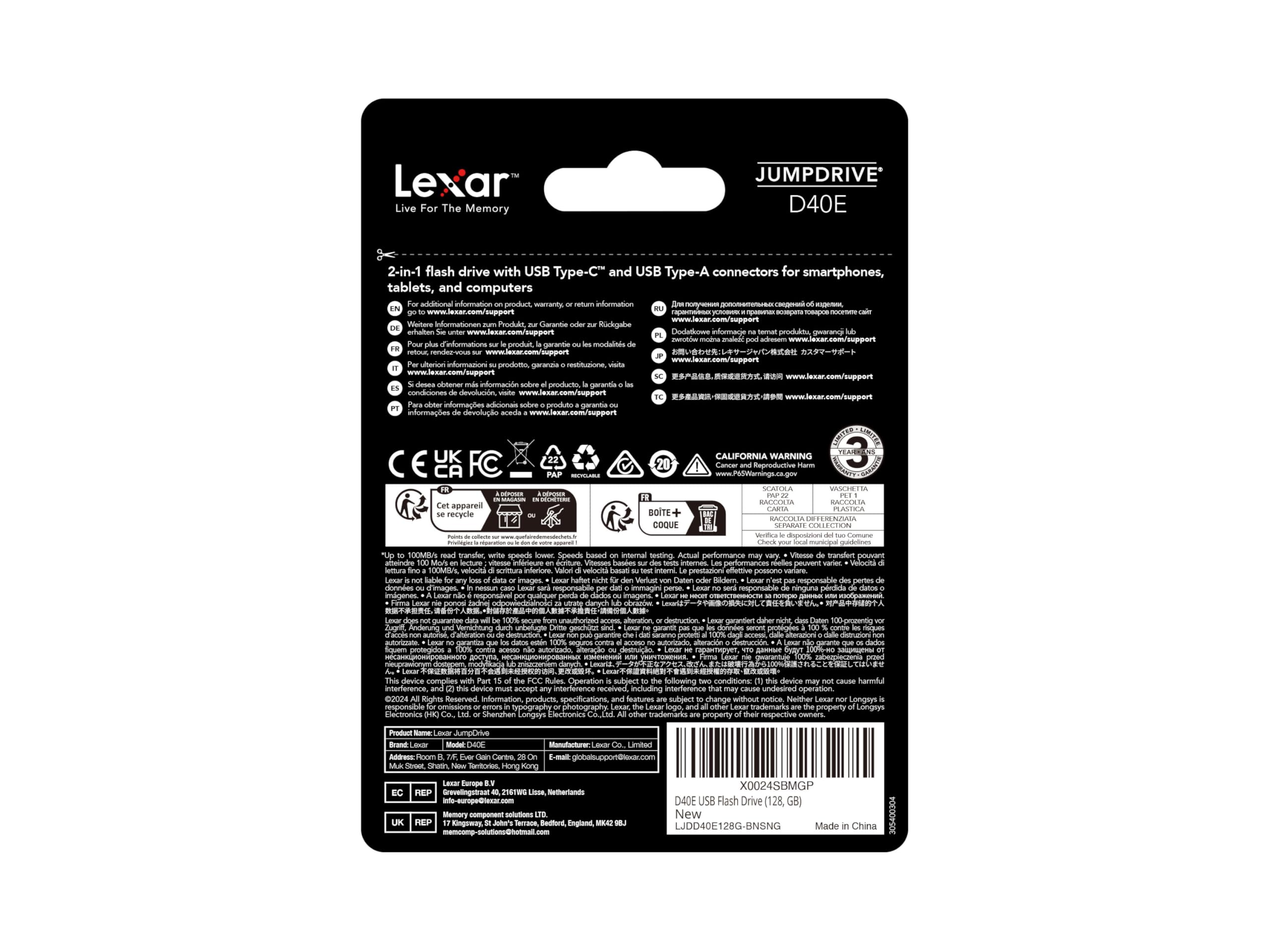 Lexar D40E 128GB Dual USB 3.2 Gen 1 Type-C Jump Drive, USB-C Flash Metal Housing Swivel Design Thumb Drive