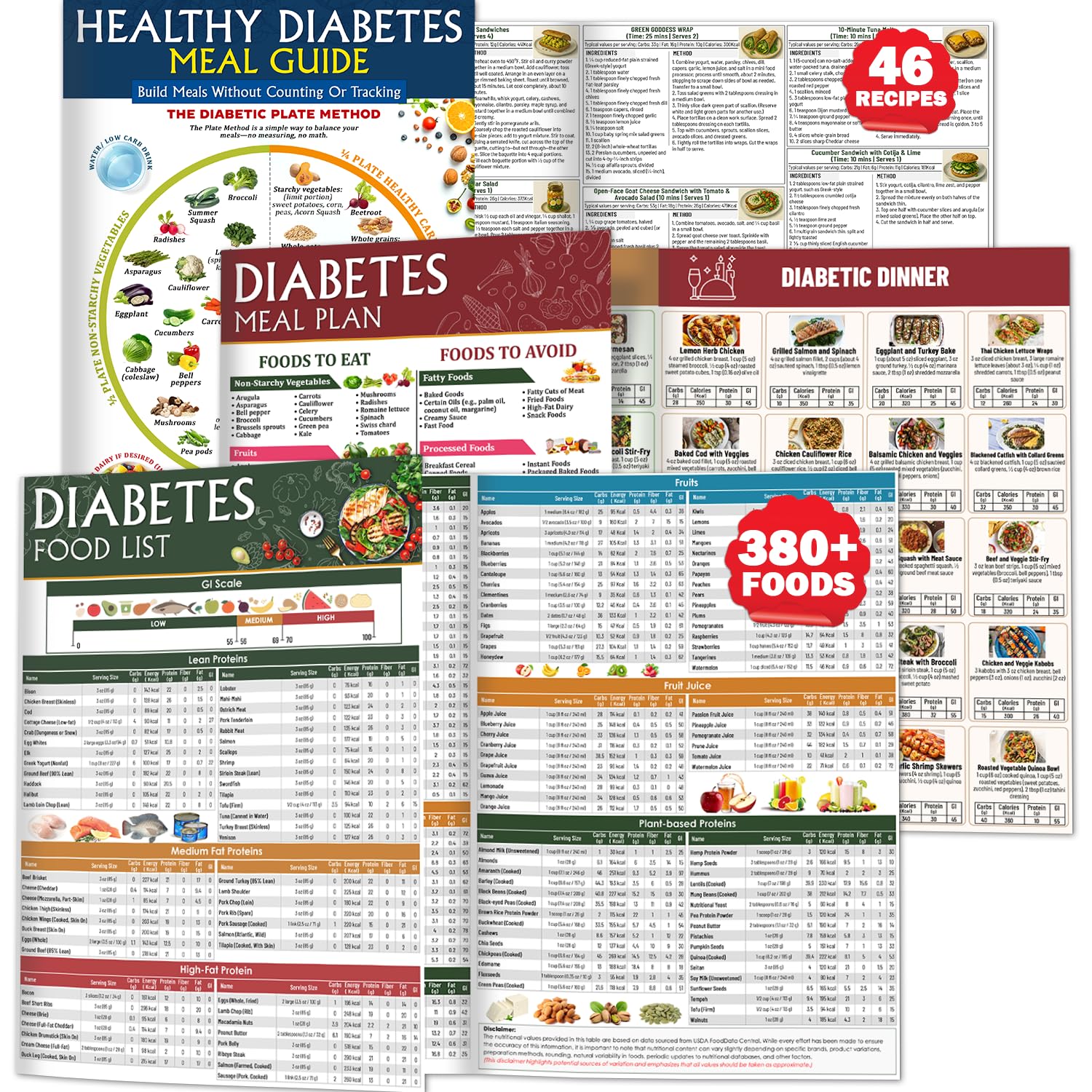 Photo 1 of 3 PCS Diabetes Food List & Meal Planner - Diabetic Food Chart, Laminated Type 1 & 2 Meal Guide, Easy-to-Read Carbs Protein Calories Fiber Fat Glycemic Index Chart for Prediabetes & Beginners