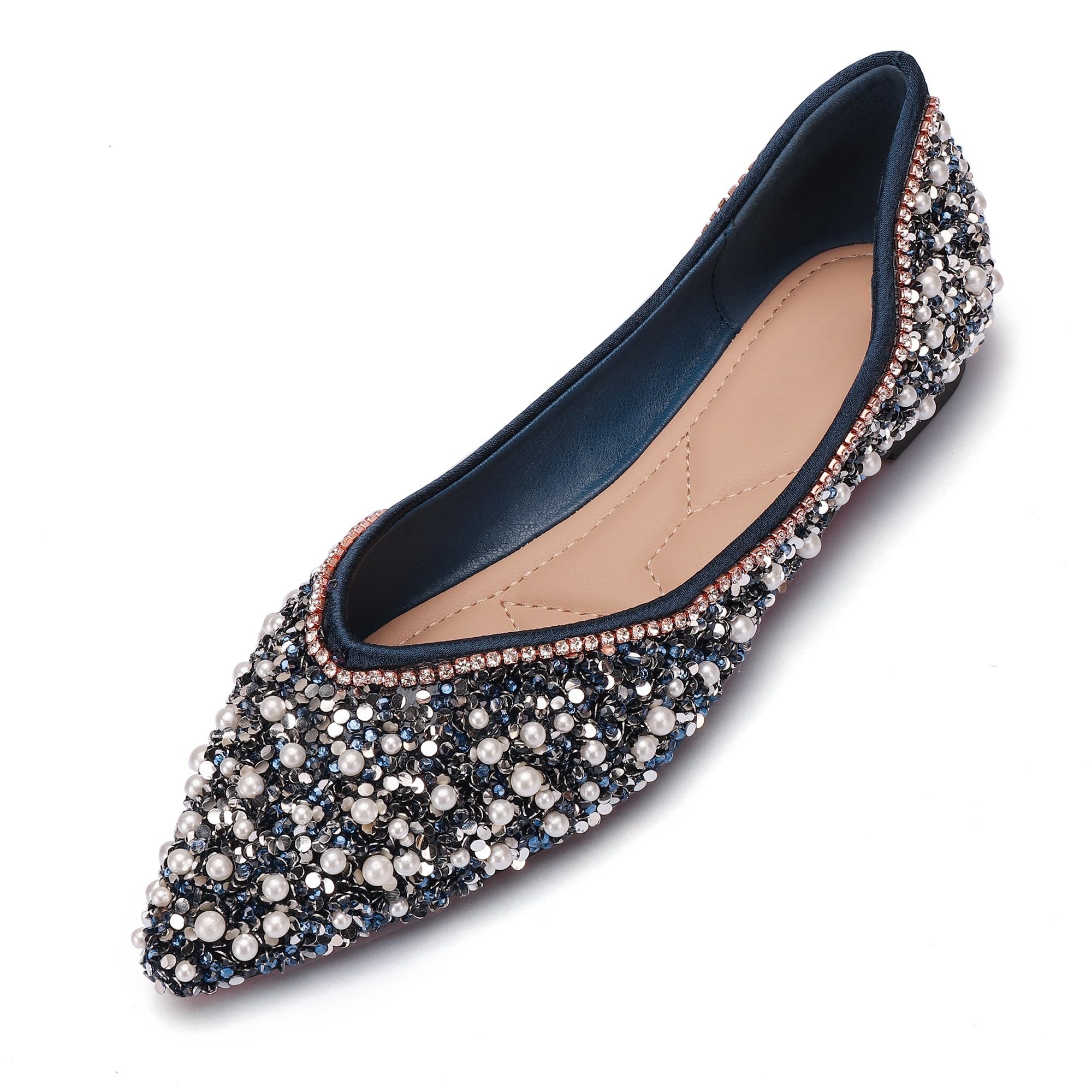 Photo 1 of Women's Rhinestone Flats Fashion Pointed Toe Pearl Diamond Low Heel Dress Wedding Flats Work Business Dance Ballet Flats Blue Size - 6