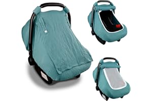 HOOYAX Muslin Car Seat Covers for Babies, Summer Baby Car Seat Cover for Boys Girls with Breathable Window, Lightweight Infant Car Seat Canopy, Blue