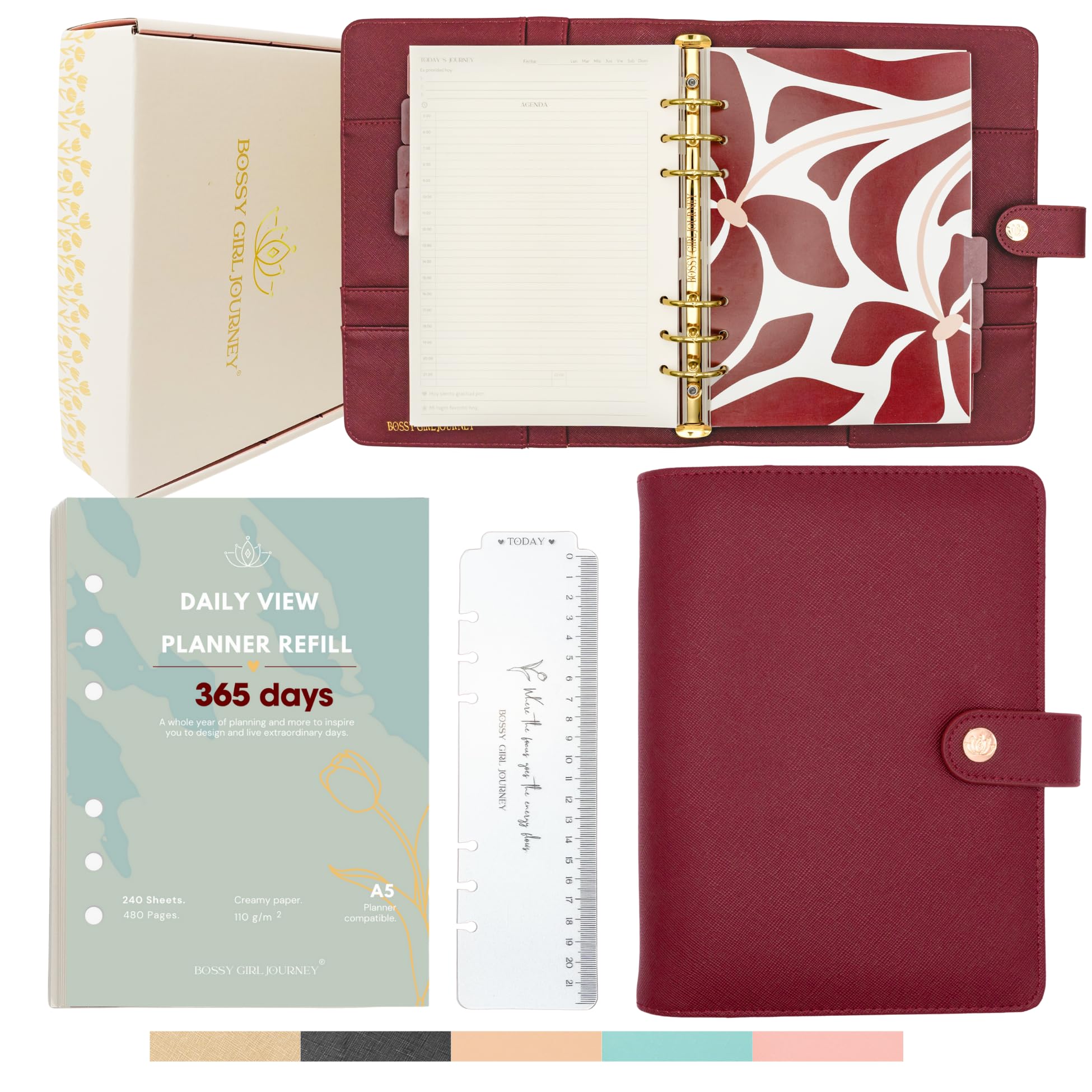 Photo 1 of Bossy Girl Journey - A5 Daily Planner Binder – Undated Time Blocking Refillable Organizer for Women with 110gsm Paper, PU Leather Cover, Stickers, Dividers, Pen Loop, Gift Box – Goal Setting & Productivity (Granate)