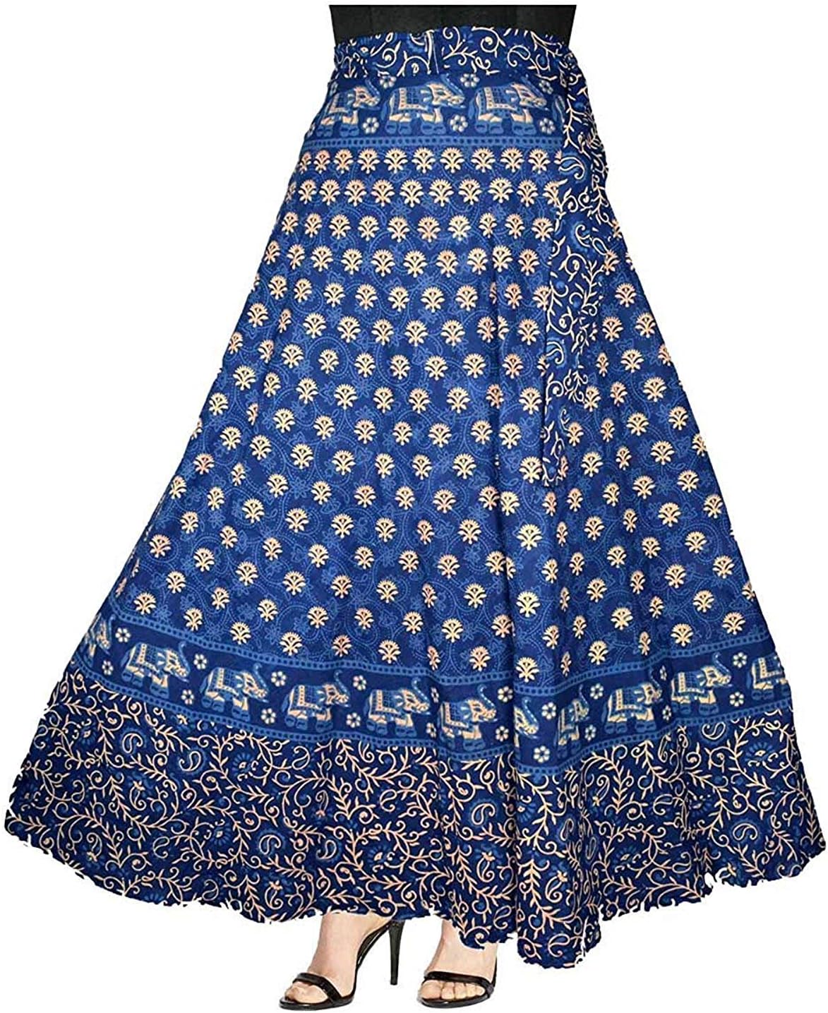 Eshopitude Womens Cotton Hand Block Print Wrap Around Skirt Blue Color, Free Size