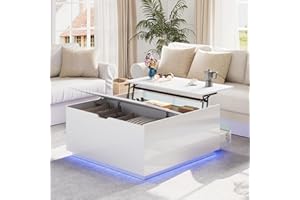HAIOOU High Gloss Coffee Table with Storage,White Square Lift Top Coffee Tables with LED & Flip Lid, Small Modern Coffee Table for Living Room with Drawer