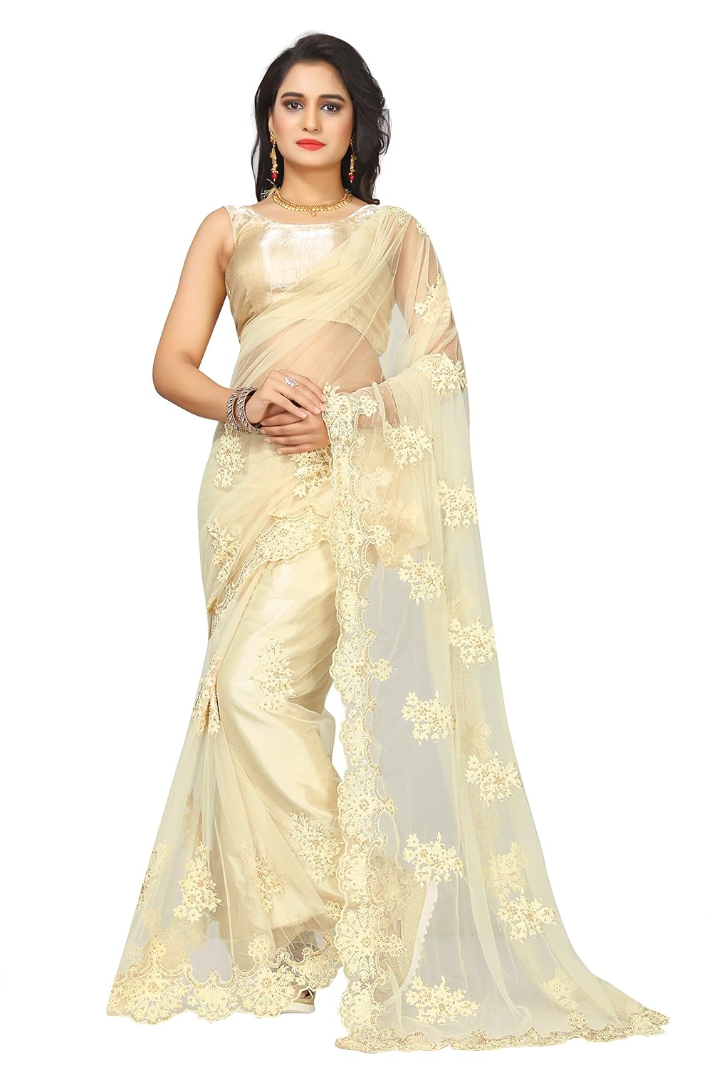 sunshine fashion women's naylon net & banglory silk saree with blouse piece