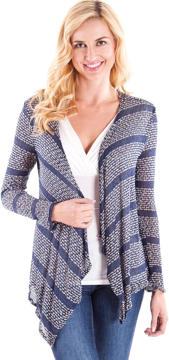 Navy Blue Ladies Cascading White Striped Long Sleeve Cardigan at Amazon