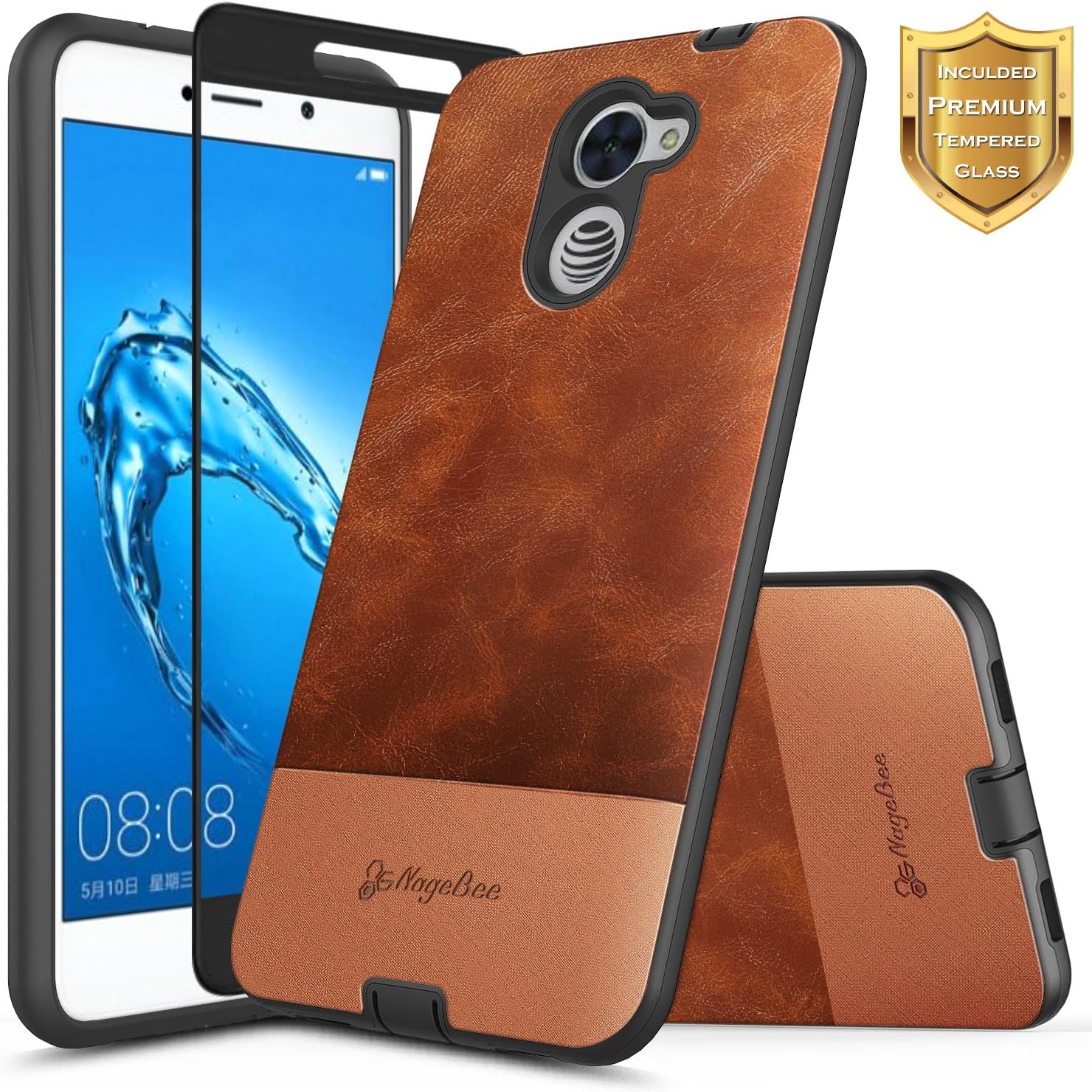NageBee Huawei Ascend XT 2 Case (H1711), Huawei Elate 4G LTE w/ [Full Coverage Tempered Glass Screen Protector] Snap-On Premium PU Cowhide Leather Canvas Fabrics Slim Protective Hybrid Case -Brown