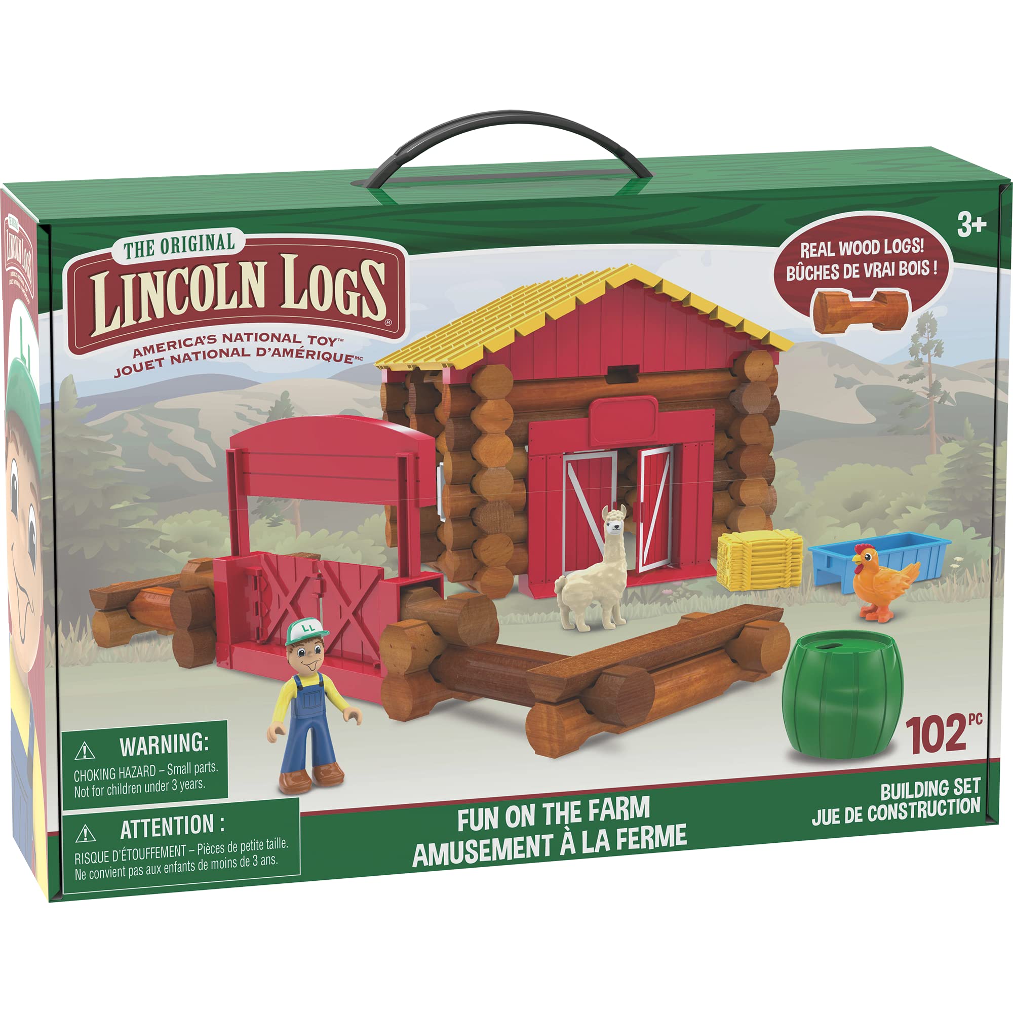 Basic Fun Lincoln Logs | Fun on the Farm Building Set | 100+ Piece Learning Engineering Kit for Kids, Real Wood, Toys for Children Ages 3 00858