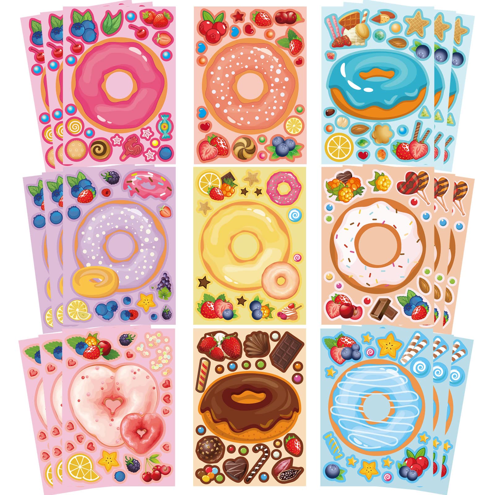 Photo 1 of 27 Sheets Make a Face Donut Stickers for Kids Make Your Own Dessert Stickers Mix and Match Sweets and Treats Fruit, Donut Themed Birthday Gifts DIY Art Crafts Party Favors Supplies Decorations