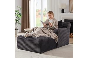 Keainvren Chaise Lounge Chair Indoor, Upholstered Corduroy Single Lounge Sofa Couch, Comfy Reading Recliner Sleeper Sofa Chair Bed with Armrests and Pillows for Bedroom, Living Room (Dark Gray)