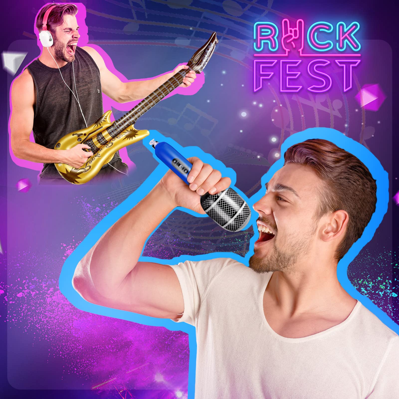Tradder 24 Pcs Inflatable Rock Star Toy 37 Inch Set, Blow up Guitar Bulks Include Inflatable Guitar 24'' and 10'' Microphone for 80s 90s Musical Themed Party, Birthday Party Decor