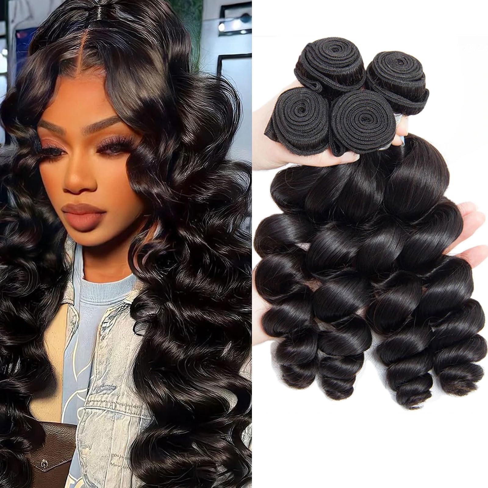 Huarisi Loose Wave Human Hair Bundles, Brazilian Virgin Hair 4 Bundles 12 14 16 18 Inch, 10A Unprocessed Wavy Hair Extensions for Full Head, Natural Color โ image 1