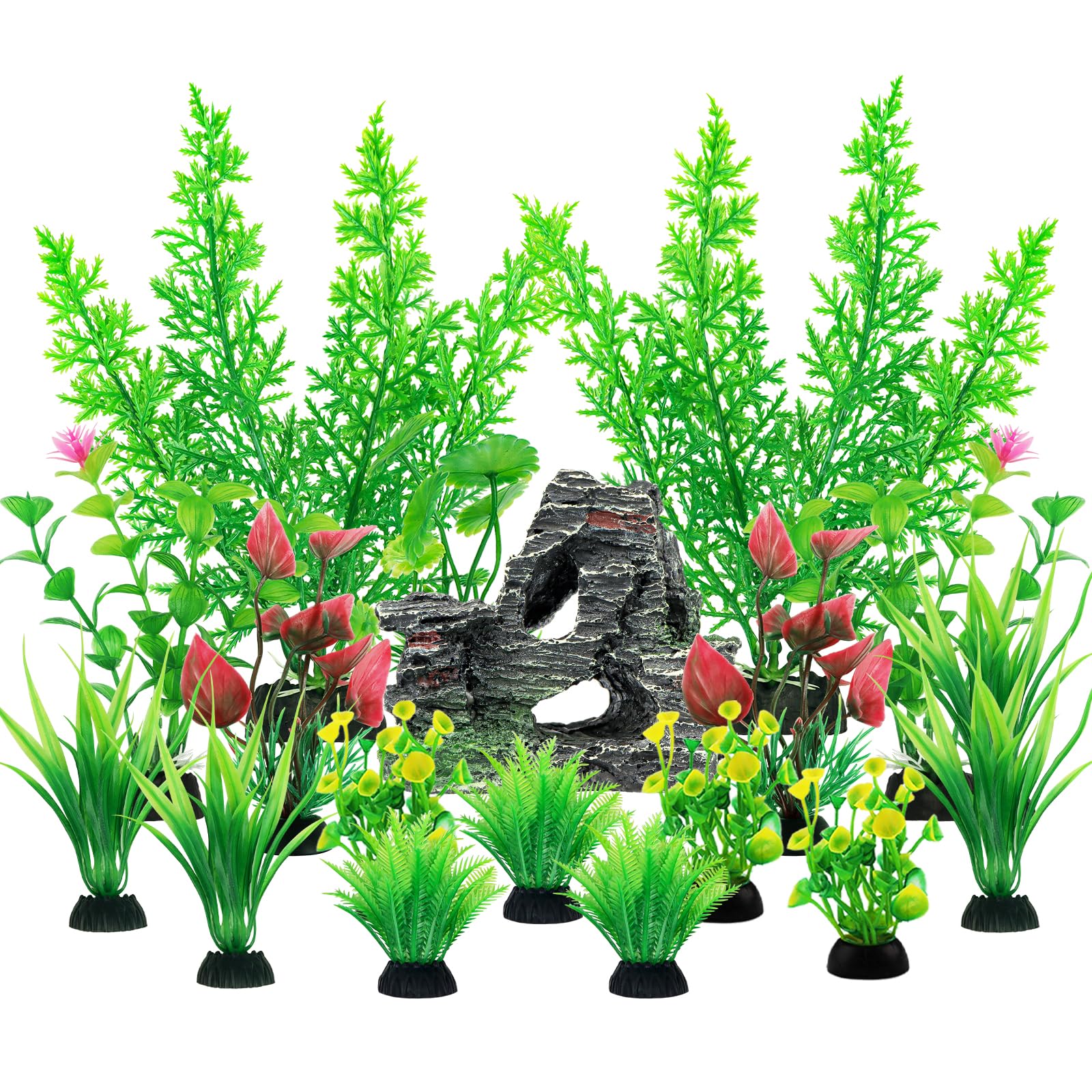QUOZUO Fish Tank Accessories Aquarium Plants, Green Fish Tank Artificial Plants and Cave Rock Decor Set, Aquarium Decorations Plants