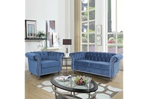 RARZOE 2 Pieces of Living Room Furniture Sofa Sets, Modern Contemporary Tufted Button Velvet Accent Club Chair&Chesterfield Loveseat Sofas Set with Nailhead Trim Scroll Arms for Home Furniture(Blue)