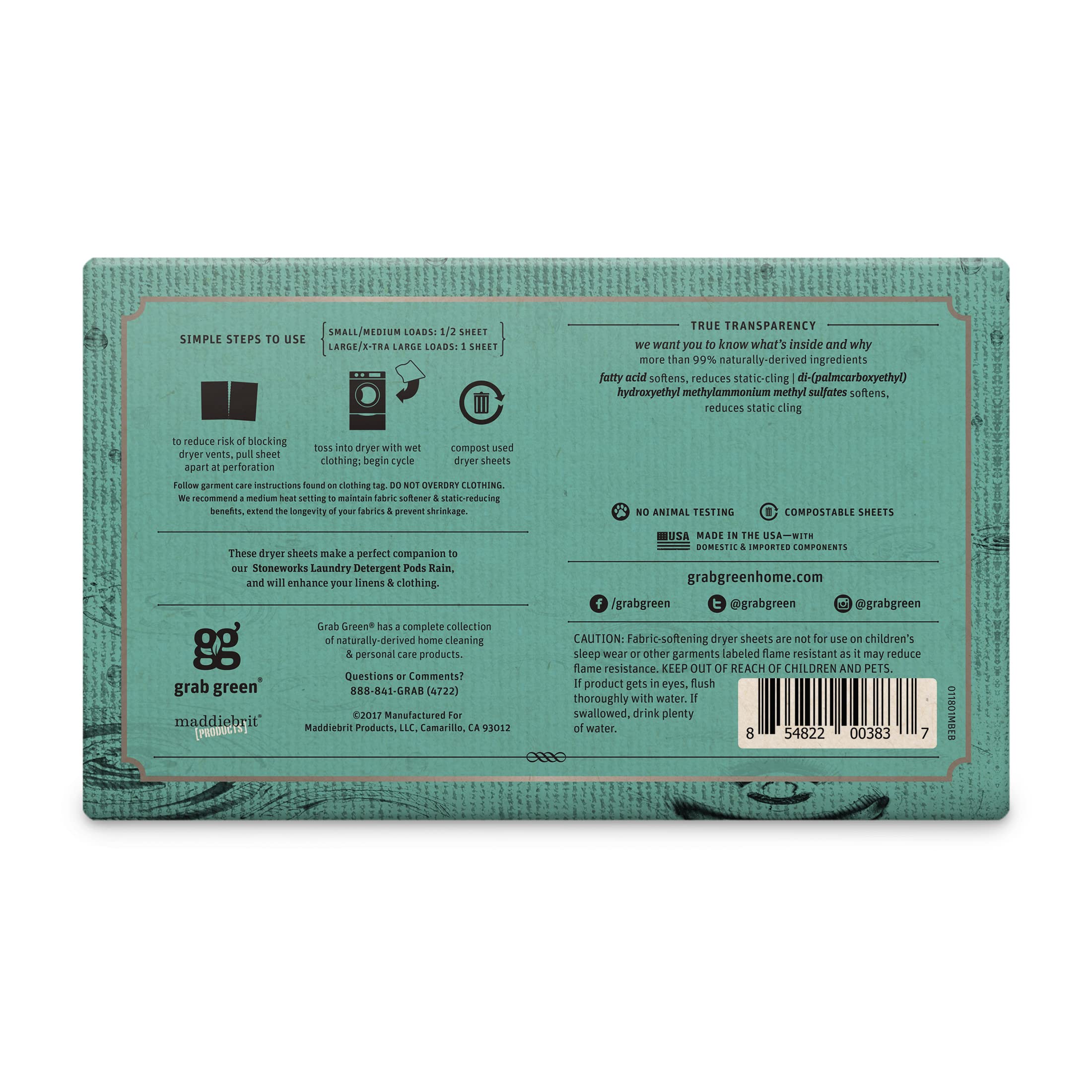 Grab Green Stoneworks Laundry Detergent Pods and Dryer Sheet Bundle, 50 Count Pods and 50 Dryer Sheets, Fragrance Free Rain Scent, Plant and Mineral Based Laundry Care Set