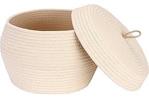 Sea Team Round Cotton Rope Storage Basket with Lid, Decorative Woven Storage Bin, Pot, Caddy, Organizer, Container for Snacks