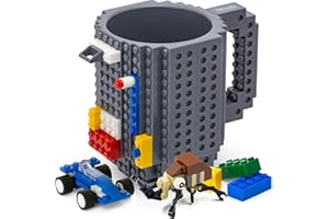 TOYAMBA Build-on Brick Mug BPA-Free Funny Coffee Mug with 3 Packs of Building Bricks, Funny Cups for Kids - Creative Building Block Mug DIY Idea 16OZ (Grey)