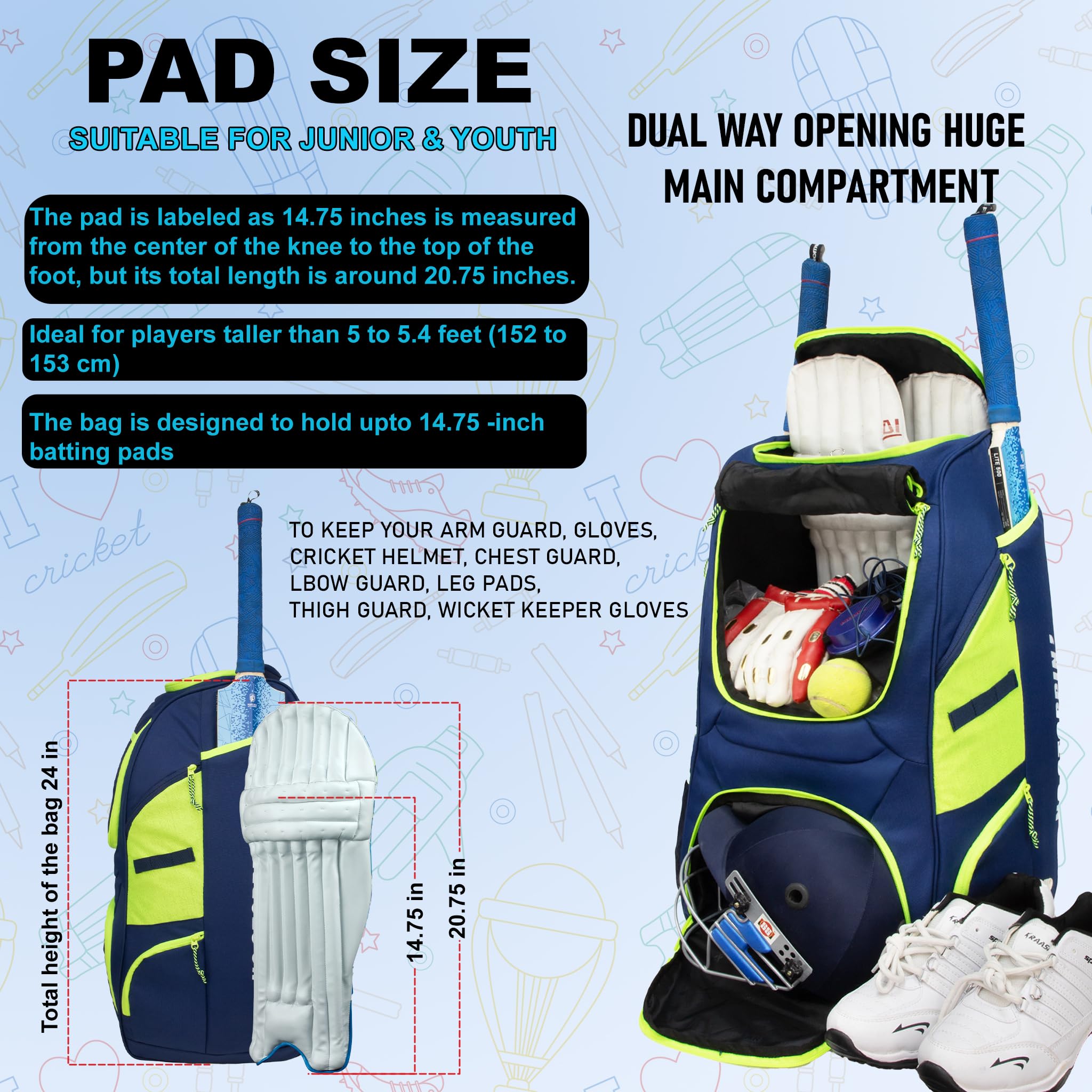 WHACKK Crowe 60L Cricket Kit Bag Navy | Youth Size Backpack Bag with 2 Bat Sleeves, Shoe & Helmet Pocket | Bottle Holder & Easy Access Pocket 4
