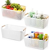 Tioncy 4 Pcs White Mesh Baskets with Wooden Handles, Large | Plastic Storage Organizer Basket, Pantry Fruit Vegetables Gathering Basket Bin, for Organizing Cabinet Closet Bedroom Kitchen