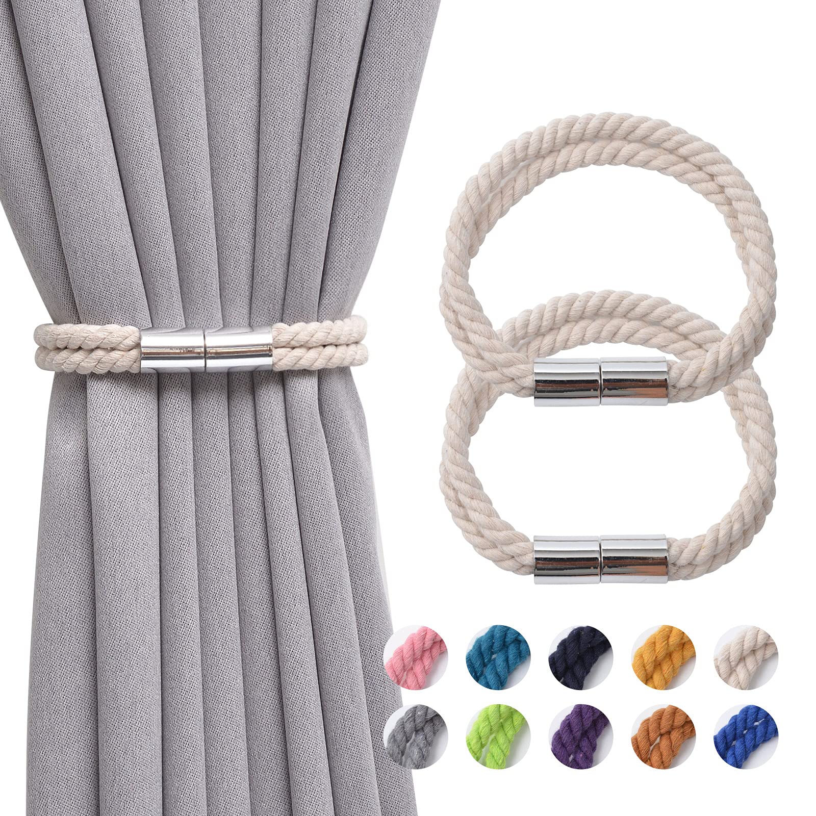 Pretty Jolly 2 Pack Strong Magnetic Curtain Tiebacks Boho Decoration Drape Tie Backs Natural Cotton Handmade Double Rope Curtain Holdbacks for Thin or Thick Home & Office Window Drapery (Beige)