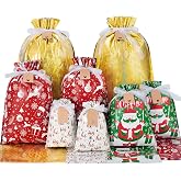 Asoulin Christmas Drawstring Gift Bags with Tags - 40 Pcs Christmas Gift Bag Assorted Size Large Medium Small Foil Gift Wrapp