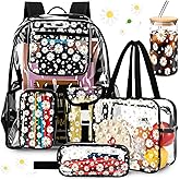 Aliceset 4pcs 17" Daisy Clear Backpack for Kids with Lunch Bags Pencil Case and Glass Bottle School Heavy Duty Bookbag Set(Black)