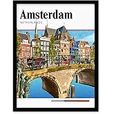 Z Studio Amsterdam Urban City Room Decor Cityscape Modern Landmark Poster, Home Decor Wall For Bathroom Art Print, Living Room Wall Art, BLACK FRAMED 12x16 Poster