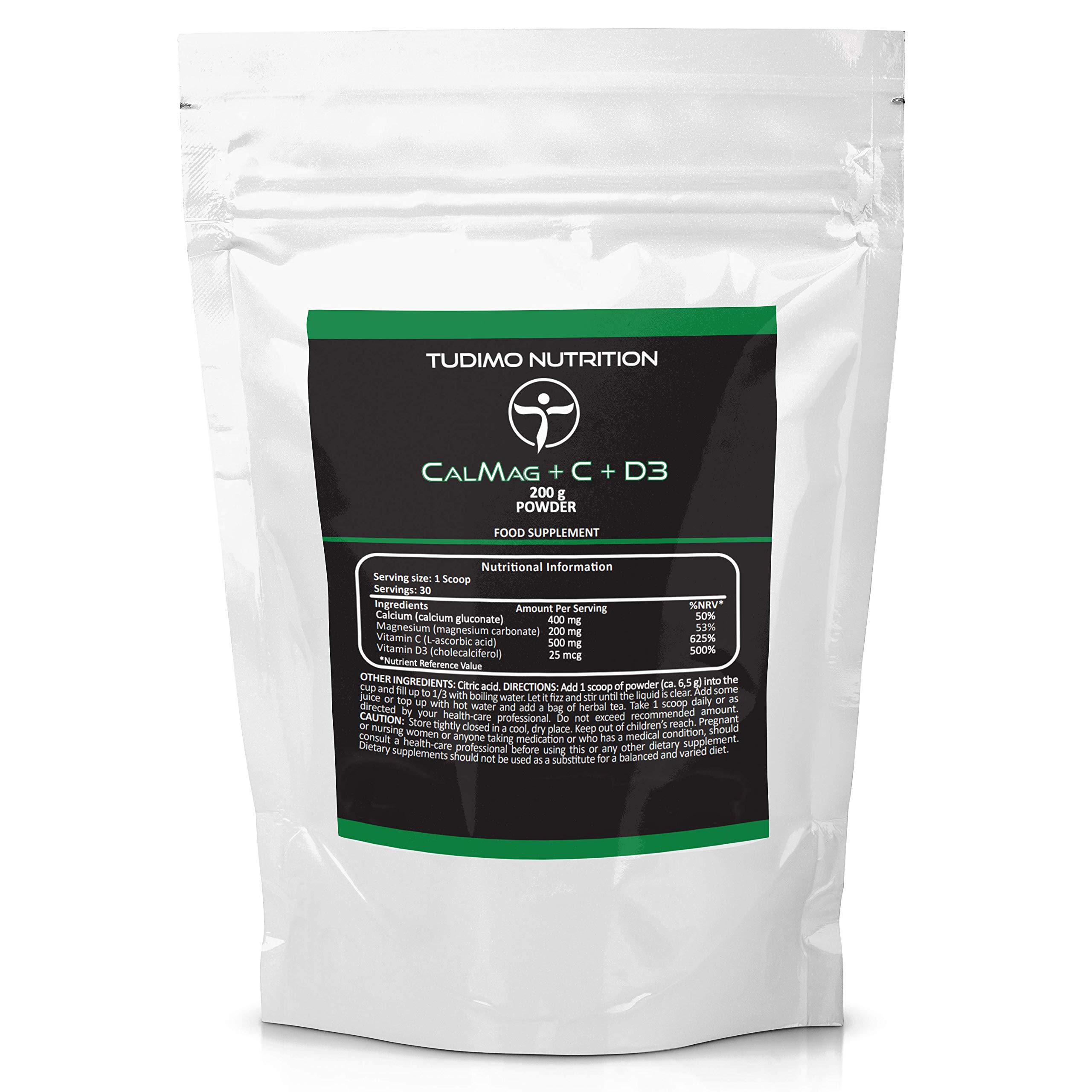 Calcium Magnesium Vitamin D Vitamin C Powder - Instant Pure Powder for Fizzy Drink 200g | Scoop Included | 400mg of Cal Gluconate, 200mg of Mag Carbonate, 500mg of VIT C and 25mcg of VIT D3