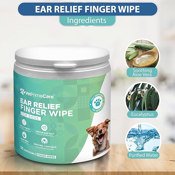 VET PRIME CARE PET FINGER WIPES FOR DOGS EAR RELIEF, ALOE VERA & EUCALYPTUS INFUSION, PET GROOMING WIPES, REMOVE DEBRIS & EAR WAX, SOOTHE & DEODORIZE, 55-COUNT PACK.