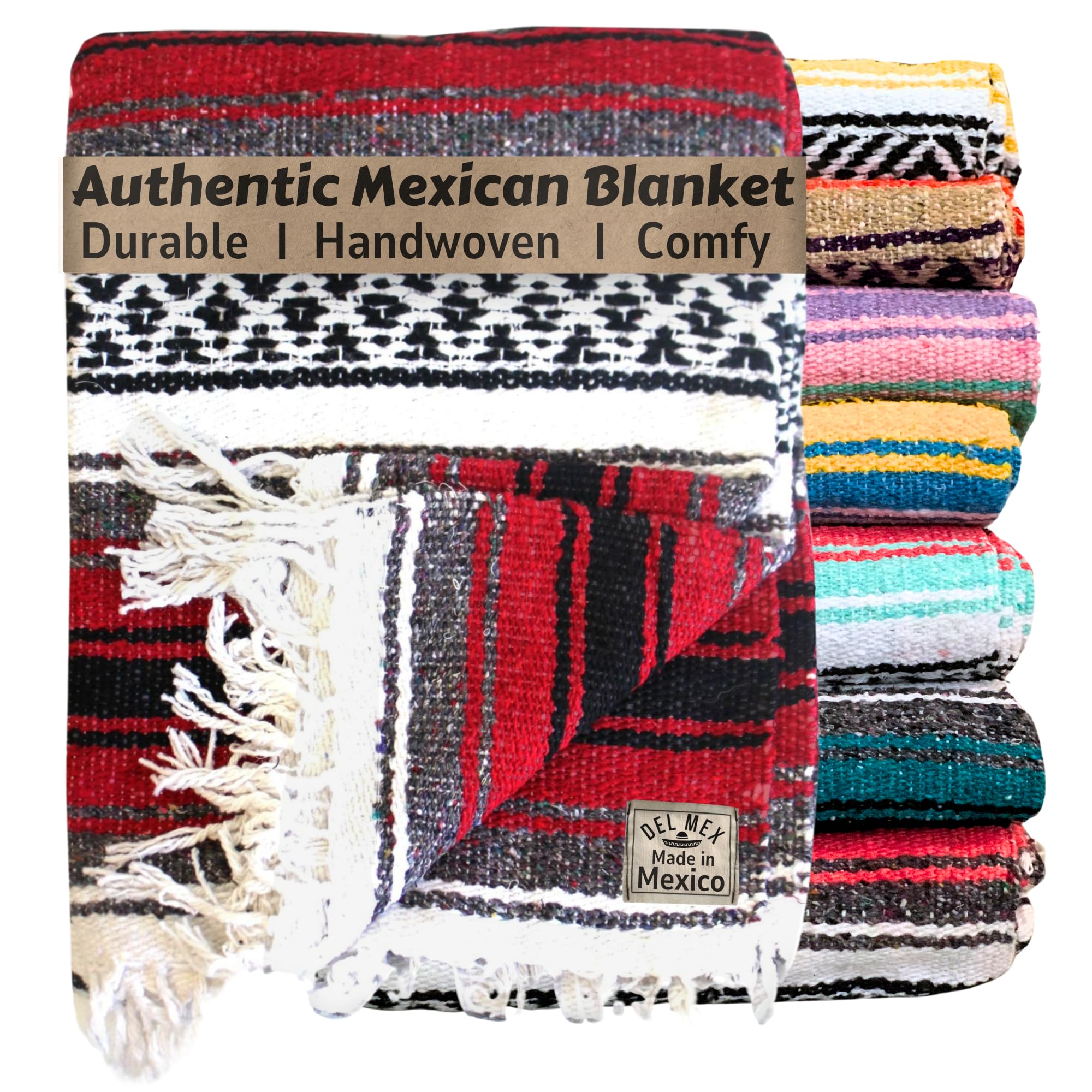 Del Mex Classic Mexican Blanket, Large Authentic Woven Falsa Throw (70"x50"), Artisan Southwest Décor for Beach, Yoga, Outdoors (Red)