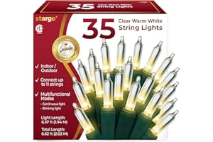 STARGO Clear Warm White Christmas Tree Lights - 6.3 ft String of 35 Incandescent Mini Bulbs Multifunctional Lighting Modes, for Decorative, Bedroom, Outdoor, Xmas Twinkle Lights with Green Wire Total 6.6 ft
