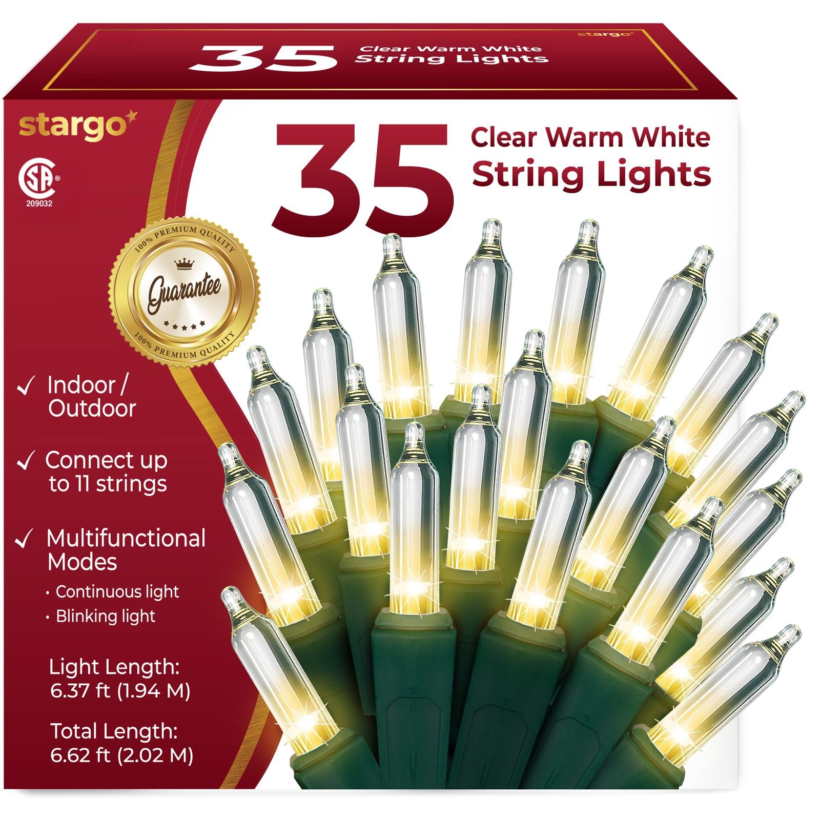 Photo 1 of Clear Warm White Christmas Tree Lights - 6.3 ft String of 35 Incandescent Mini Bulbs Multifunctional Lighting Modes, for Decorative, Bedroom, Outdoor, Xmas Twinkle Lights with Green Wire Total 6.6 ft