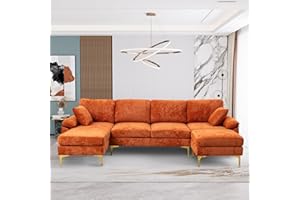 Wrofly U Shaped Sectional Couch, Convertible L Shaped Velvet Modular Sofa with Chaise and Ottoman, Modern Oversized 4 Seater Sleeper Sofa Set with 2 Pillows and Metal Legs for Living Room (Orange)