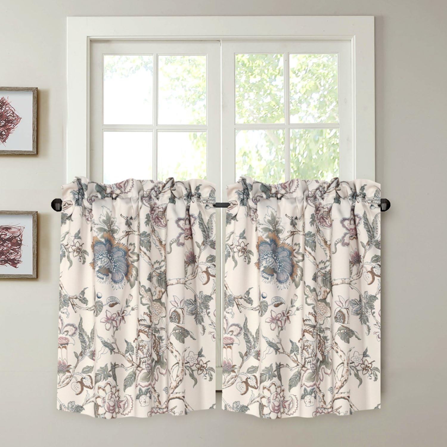 H.VERSAILTEX Energy Smart Room Darkening Rod Pocket Blackout Curtain Tier Panels Small Window Curtains Multi Size - Vintage Floral Pattern in Sage and Brown - (58" W x 24" L Pair of Tiers)