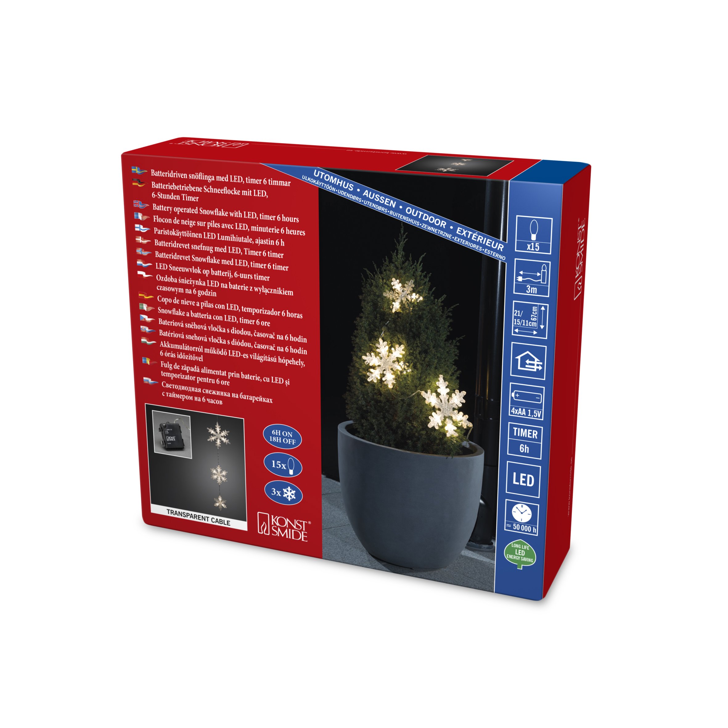 Konstsmide 6132-103 LED Light Curtain, 3 Acrylic Snowflakes, for Outdoor use (IP44), 6 Hour Timer, 15 Warm White diodes, Battery Operated: 4 x AA 1.5 V (not Included), Transparent Cable.