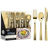 Plastic Cutlery Silverware Extra Heavyweight Disposable Flatware, Full Size Cutlery Combo, Gold Pebbled, 80 Forks, 40 Spoons, 40 Knifes, Value Pack 160 Count