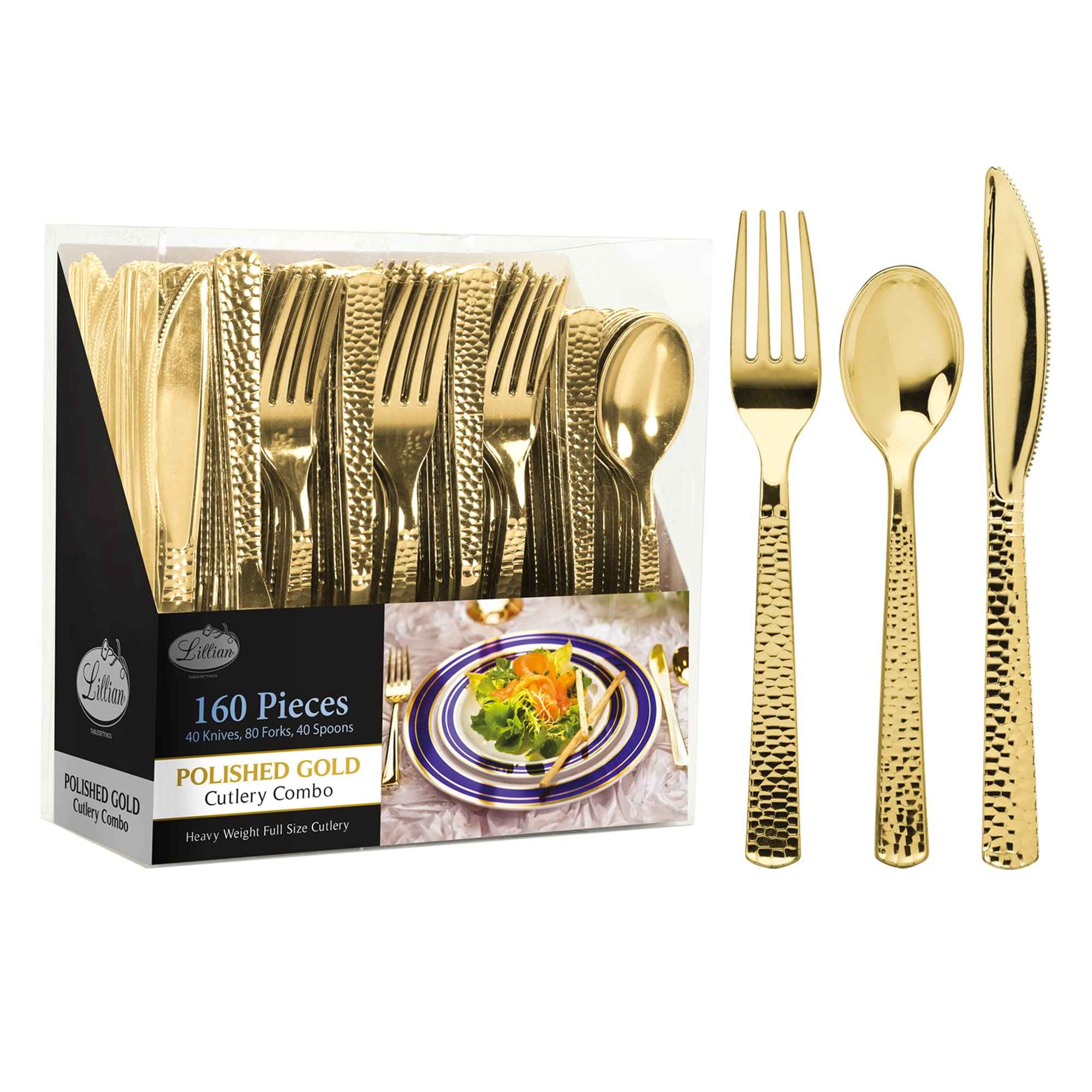Photo 1 of Plastic Cutlery Silverware Extra Heavyweight Disposable Flatware, Full Size Cutlery Combo, Gold Pebbled, 80 Forks, 40 Spoons, 40 Knifes, Value Pack 160 Count