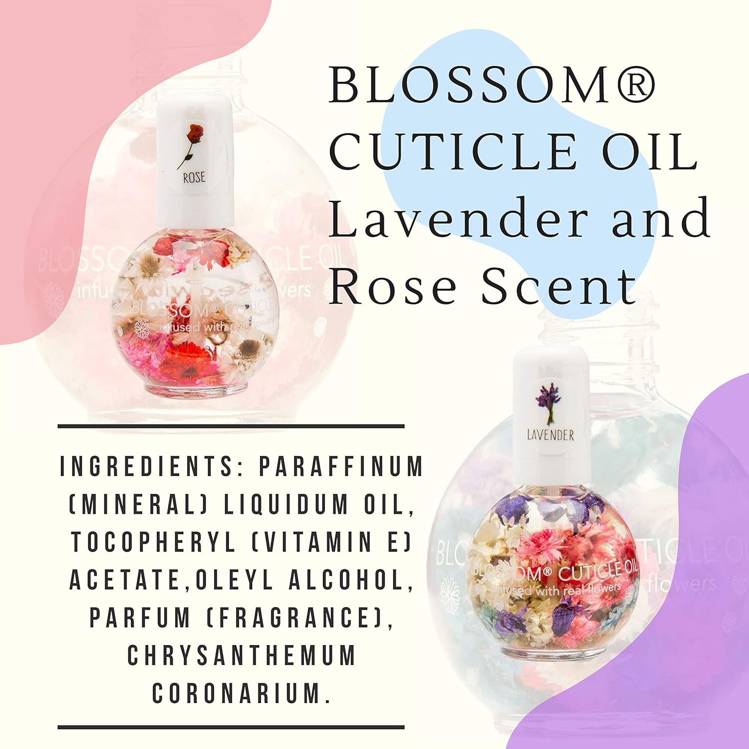 Blossom Scented Cuticle Oil Infused with Real Flowers Twin Pack — Nourishing Essential Oils for Softening, Hydrating and Repairing Nail Cuticles (Lavender & Rose — 2 x 0.42 Fl. Oz.): Beauty