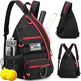 SunForMorning Pickleball Bag, Tactical Pickleball Backpack for Women Men, Adjustable Sling Bag with Fence Hook Water Bottle (Includes 2 Patches+1Carabiner), Black+Red