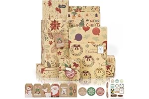 Larcenciel Christmas Wrapping Paper Set, Vintage Holiday Wrapping Paper, Pretty Flower Deer Xmas Wrapping Paper, Red Brown Th